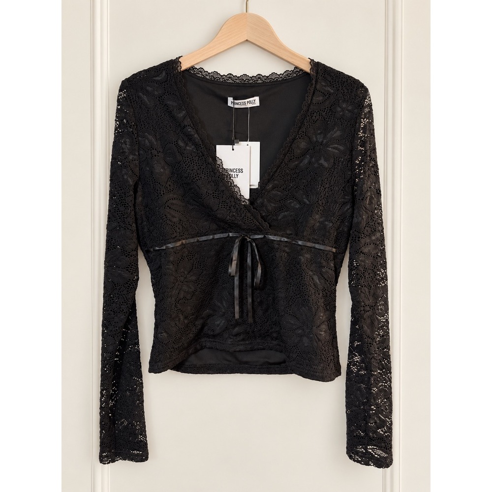 Princess Polly Black Floral Lace Wrap Top Size 10 NWT Ribbon Tie Long Sleeve